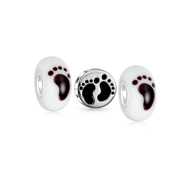 Set of 3 Black White Sand Tiny Feet Footprints Charm Bead Murano Glass Silver