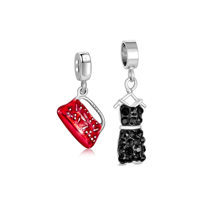Set of 2 Fashion Crystal Black Dress Red Clutch Purse Dangle Charm Bead Silver