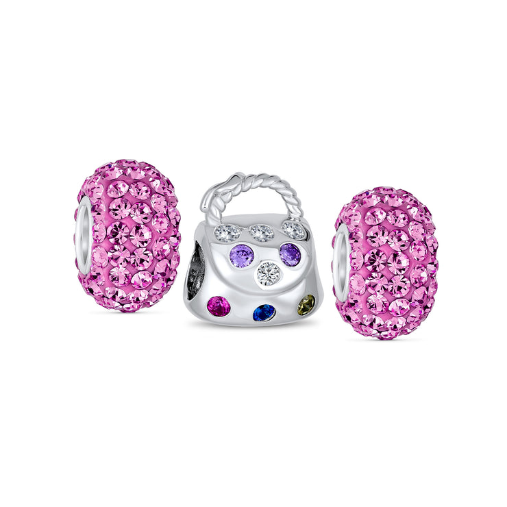 Set of 3 Fashion Multicolor CZ Clutch Purse 2 Solid Pink Spacer Charm Bead