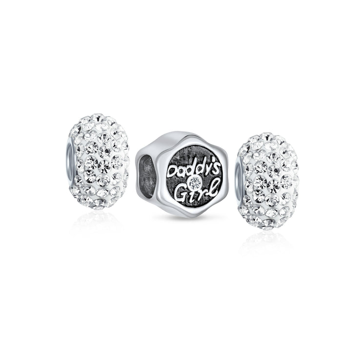 Set of 3 Father's Love CZ Daddy's Girl & Solid Spacer White Clear Charm Bead