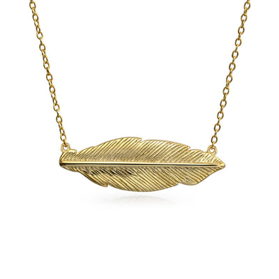 Western Feather Leaf Sideways Pendant Gold Plated .925 Silver Necklace