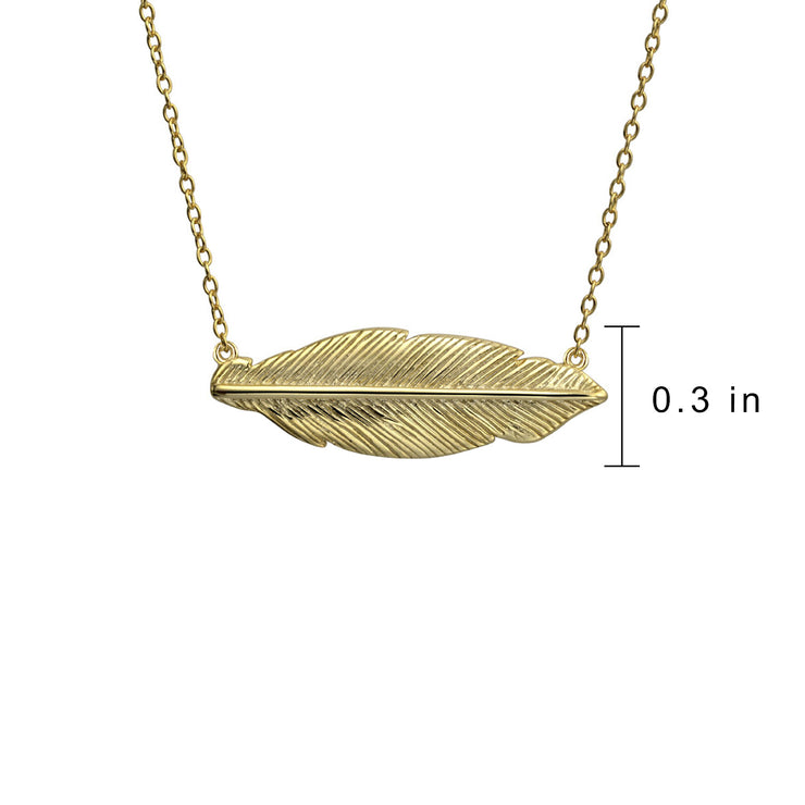 Western Feather Leaf Sideways Pendant Gold Plated .925 Silver Necklace