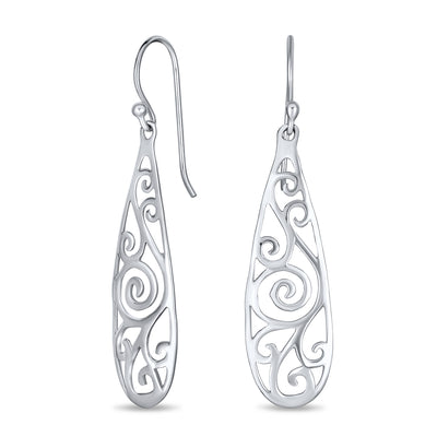 Balinese Boho Dangle Gemstone Earrings with Filigree Swirl in Sterling Silver