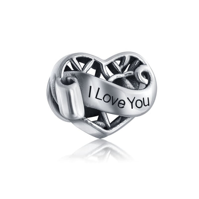 Romantic Filigree Heart Charm Bead for Wife or Daughter in Sterling Silver