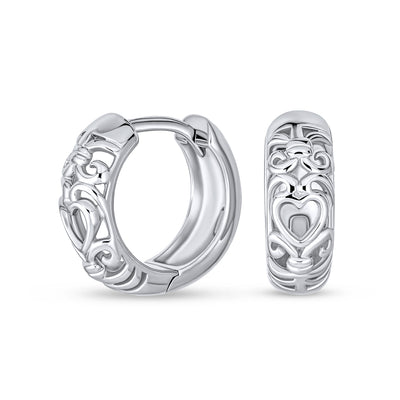 Romantic Open Heart Filigree Hoop Huggie Earrings in Sterling Silver