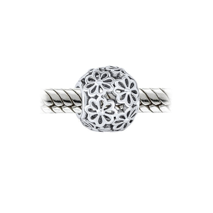 Set of 2 SIS and Heart Flower Filigree Round Bouquet Barrel Charm Bead Silver