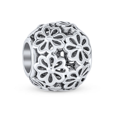 Round Floral Bouquet Flower Barrel Charm Bead .925Sterling Silver