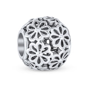 Set of 2 SIS and Heart Flower Filigree Round Bouquet Barrel Charm Bead Silver