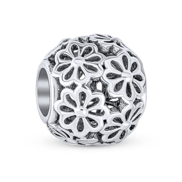 Set of 2 SIS and Heart Flower Filigree Round Bouquet Barrel Charm Bead Silver