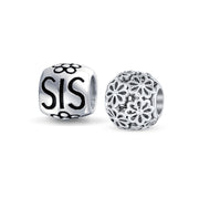 Set of 2 SIS and Heart Flower Filigree Round Bouquet Barrel Charm Bead Silver