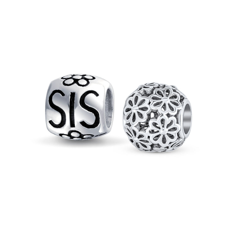 Set of 2 SIS and Heart Flower Filigree Round Bouquet Barrel Charm Bead Silver