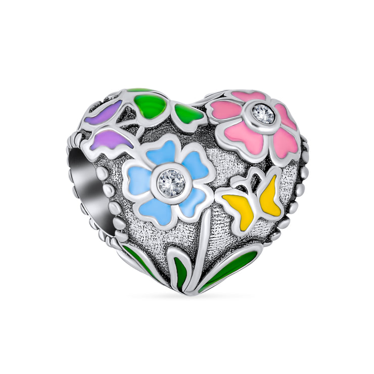 Set of 2 Holland Windmill & Love Grows Floral Heart CZ Accent Charm Bead Silver