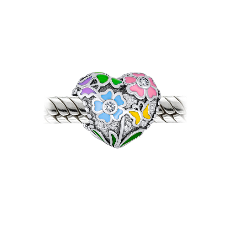Set of 2 Holland Windmill & Love Grows Floral Heart CZ Accent Charm Bead Silver