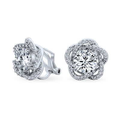 Bridal Rose CZ Flower Clip On Earrings Non Pierced Ears Silver Plated