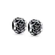 Set of 2 Flower Garden Black Rose Charm Bead Oxidized Sterling Silver