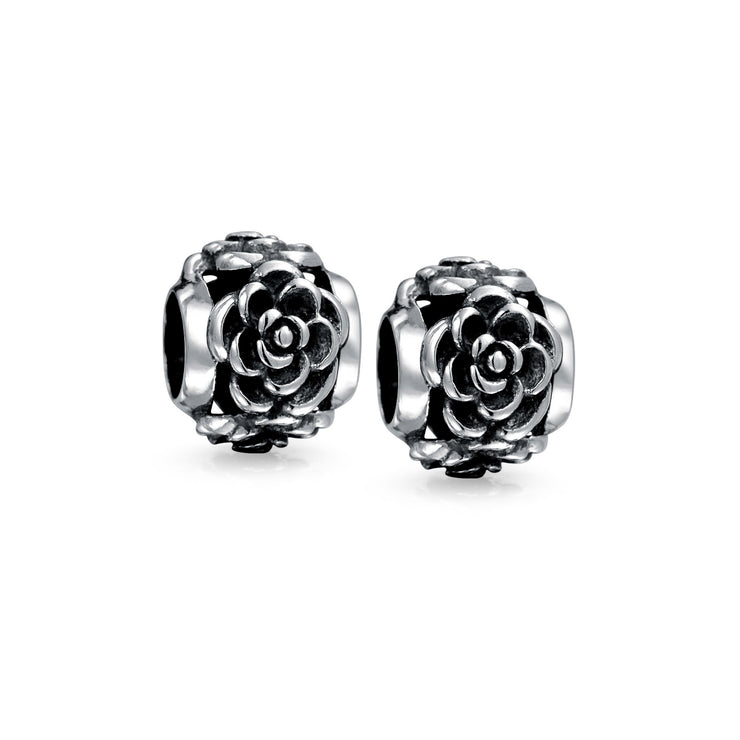 Set of 2 Flower Garden Black Rose Charm Bead Oxidized Sterling Silver