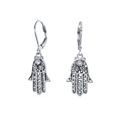 Amulet Hamsa Hand Dangle Chandelier Earrings Oxidized Sterling Silver Leverback