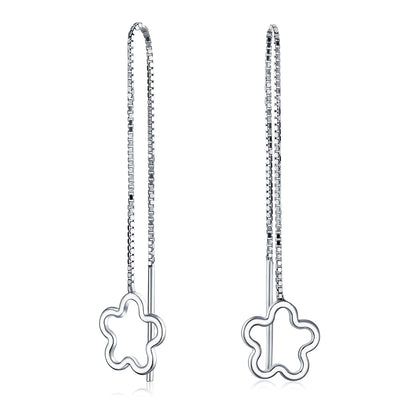 Open Flower Long Chain Threader Earrings .925 Sterling Silver U Stabilizer Hook