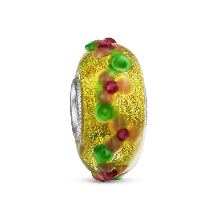 Set of 2 Multi-Color Gold Foil Murano Glass Charm Bead 3D Lampwork Flower Silver