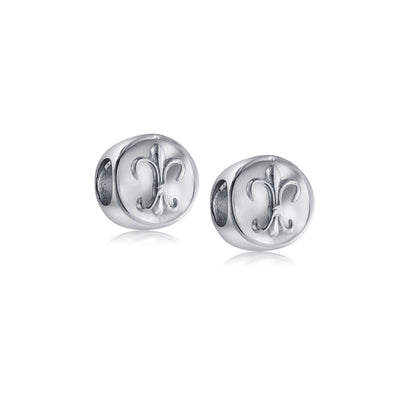 Set of 2 Symbolic Flower Ornate Fleur De Lis Charm Bead Sterling Silver