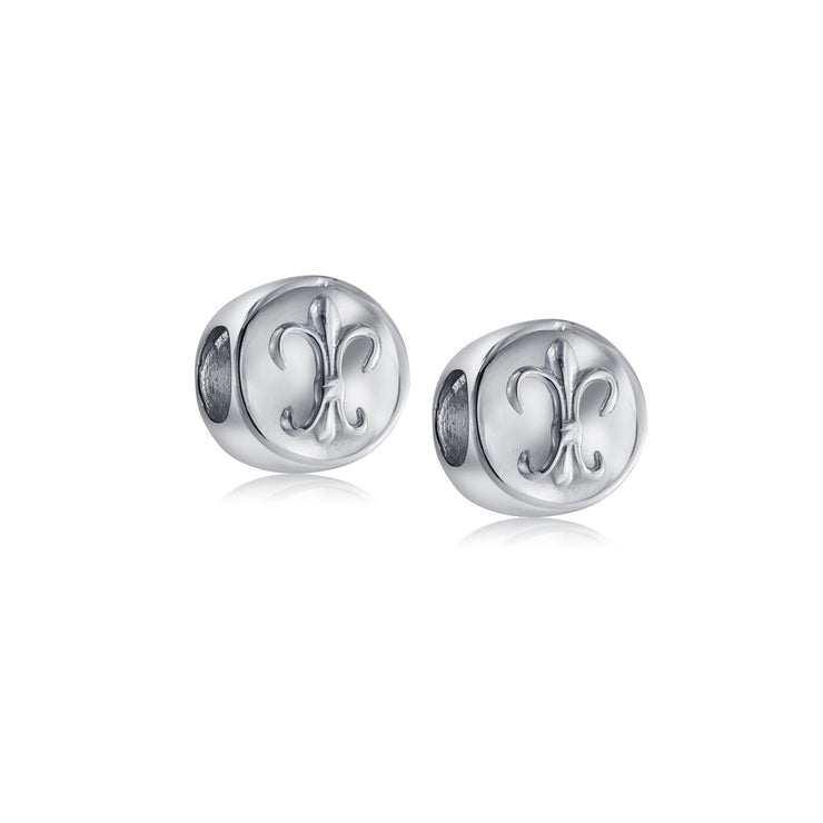 Set of 2 Symbolic Flower Ornate Fleur De Lis Charm Bead Sterling Silver