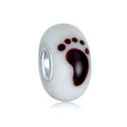 Set of 3 Black White Sand Tiny Feet Footprints Charm Bead Murano Glass Silver