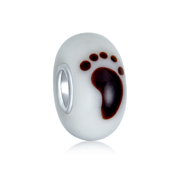 Set of 3 Black White Sand Tiny Feet Footprints Charm Bead Murano Glass Silver