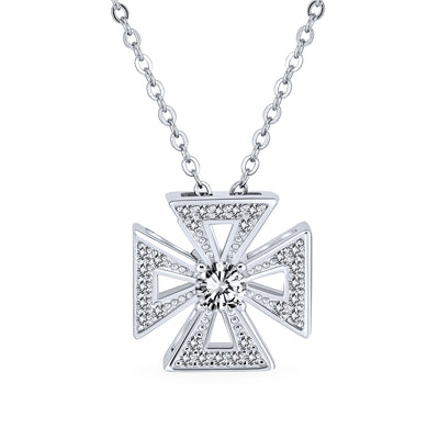 Religious Ancient CZ Maltese Cross  Pendant Necklace .925 Silver