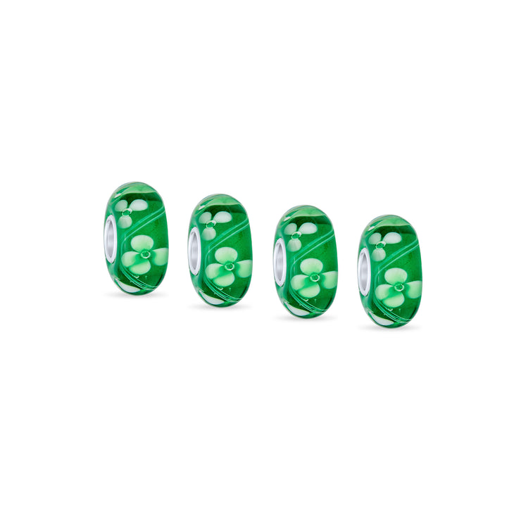 Set of 4 Green Floral Hibiscus Glass Charm Bead Silver for European Bracelet