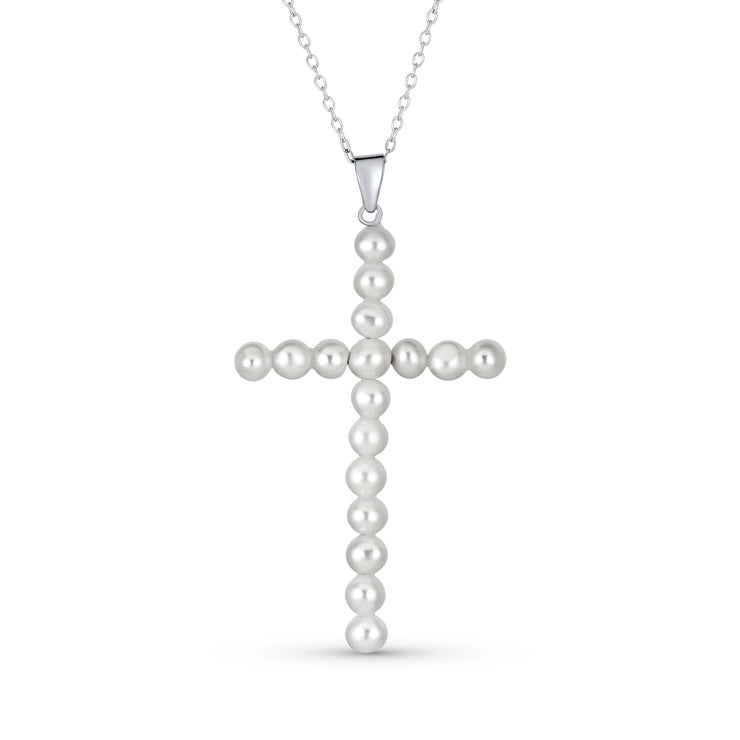 Vintage Style Bridal Necklace with Freshwater Pearl and Large Cross Pendant Silver