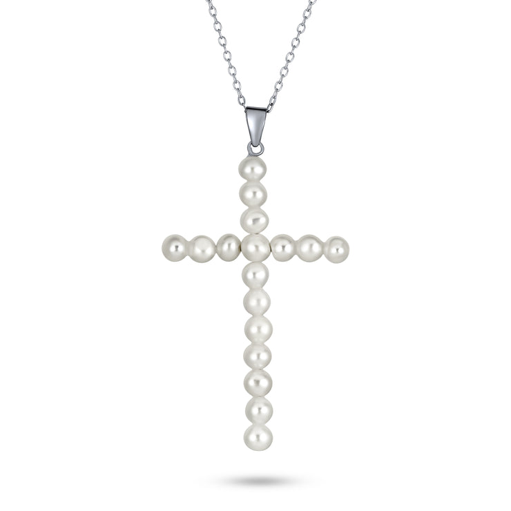 Bridal Simple White Freshwater Cultured Cross Necklace .925 Silver