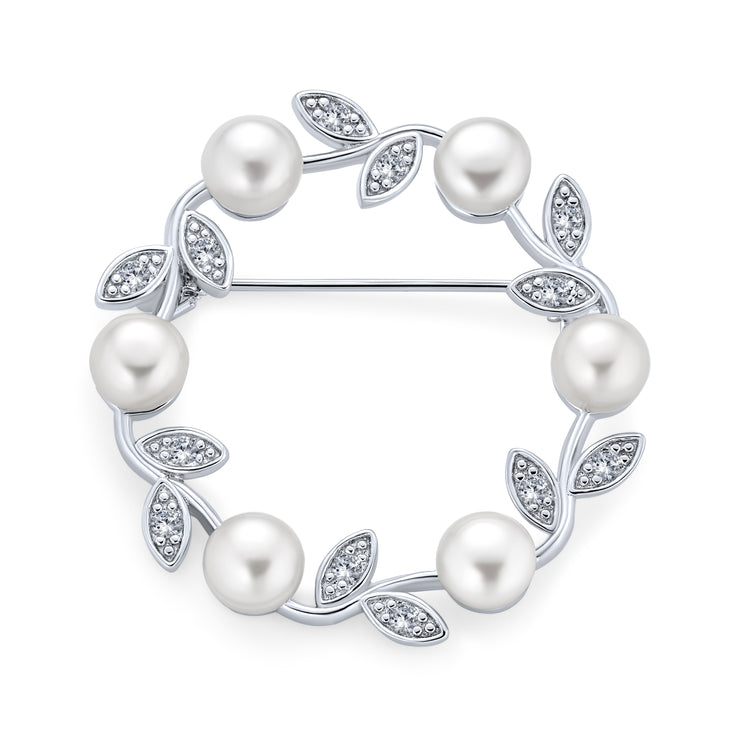 White Freshwater Pearl Circle Leaf Scarf Brooch Pin CZ .925 Silver