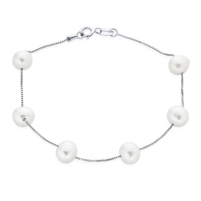 Minimalist Station Tin Cup White Freshwater Cultured Pearl Bracelet