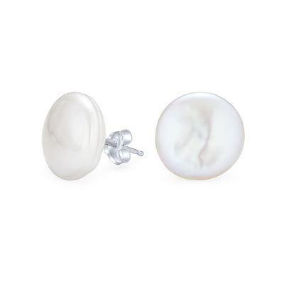 White Biwa Coin Freshwater Cultured Pearl Stud Earrings .925 Silver