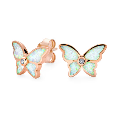 White Created Opal Butterfly Stud Earrings Rose Gold Plated .925 Silver