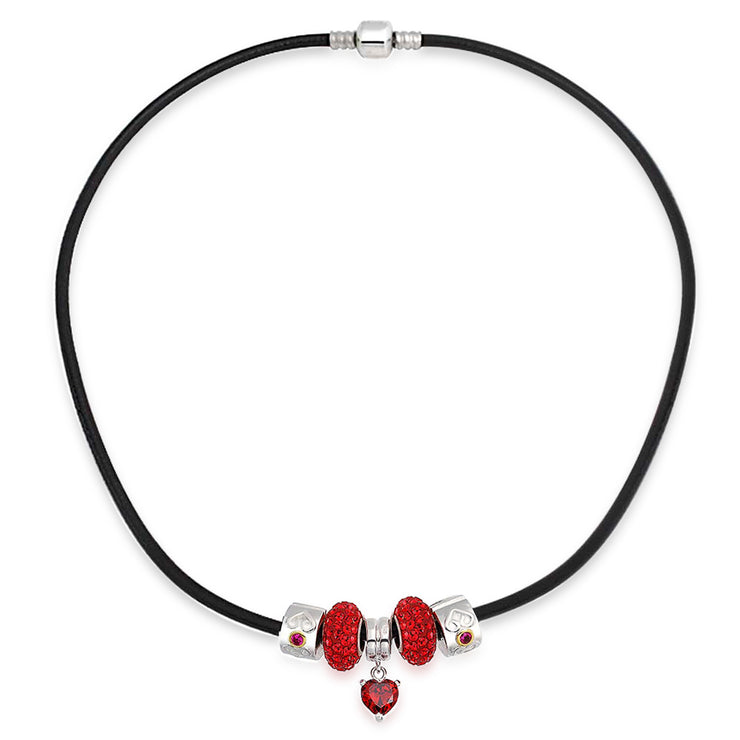 Red Heart Bead Charm .925 Sterling Silver Black Leather Necklace