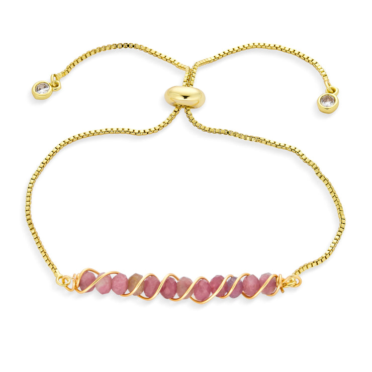 Set of 3 Pink Tourmaline, Aquamarine and Turquoise Bolo Bracelet Gold Plated