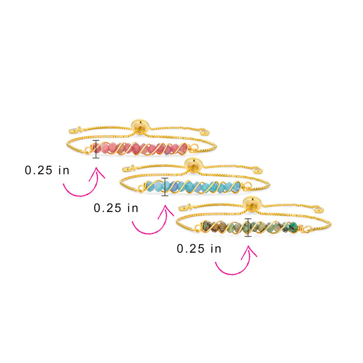 Set of 3 Pink Tourmaline, Aquamarine and Turquoise Bolo Bracelet Gold Plated