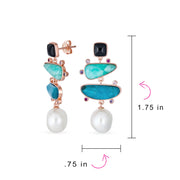 Blue Green Gemstone Abstract Pearl Dangle Earrings Yellow Gold Plated