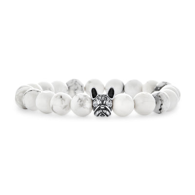 Pet Charm Frenchie Dog Boxer Gemstone Howlite Bead Stretch Bracelet Silver Plated