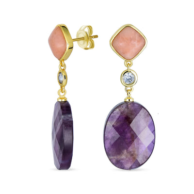 Elegant Dangle Gemstone Earrings with Dusty Rose Crystal & Amethyst in 14K Gold