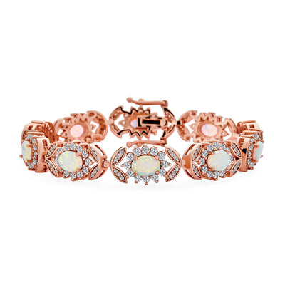 Statement Alternating Flower Oval CZ White Opal Bracelet Rose Gold