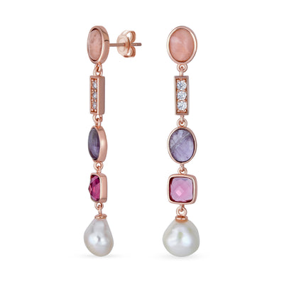 Boho Tri Tone Dangle Gemstone Earrings with Pearl Tourmaline & Amethyst Rose Gold