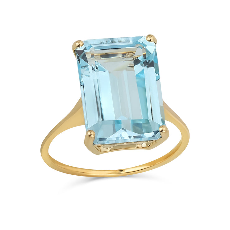 Large 7CTW 14K Gold Gemstone Sky Blue Topaz Emerald Cut Statement Ring