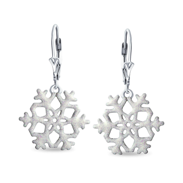 Winter Stardust Glitter Dangle Snowflake Earrings .925 Sterling Silver