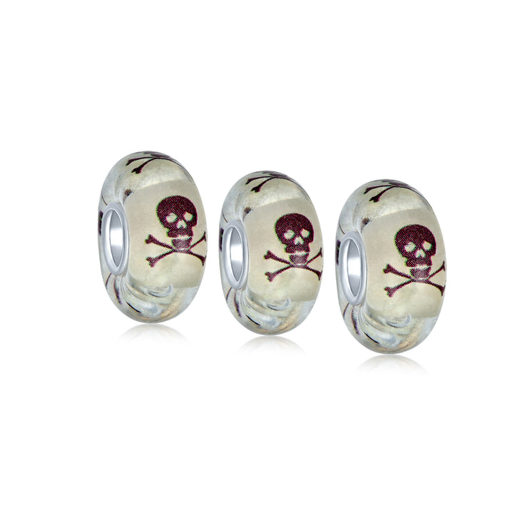 Set of 3 Glow In The Dark Skull Crossbones Glass Charm Bead Sterling Silver Core