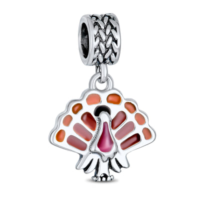 Thanksgiving Turkey Dangle Charm Bead Brown Enamel for European Bracelet Silver