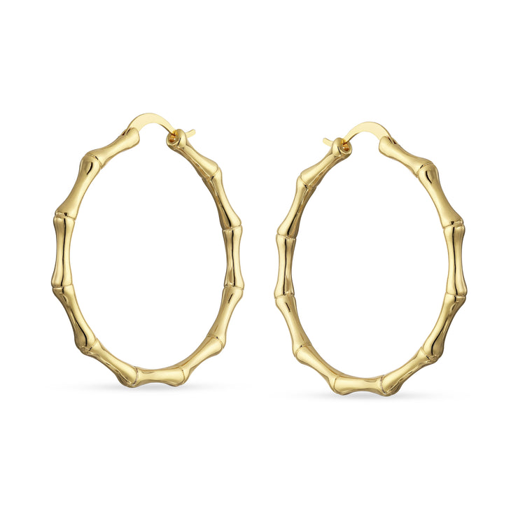 Large Fashion Plain Bamboo Hoop Earrings Yellow Gold Plated 1.5 -2.5"
