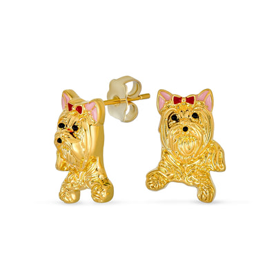 Best Friend Animal Pink Bow Yorkshire Terrier Stud Earrings 14K Gold