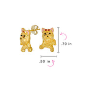 Best Friend Animal Pink Bow Yorkshire Terrier Stud Earrings 14K Gold